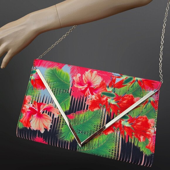 Aldo Tropical Floral Print Bag Hibiscus Summer Clutch Envelope Chain Strap - Picture 1 of 9